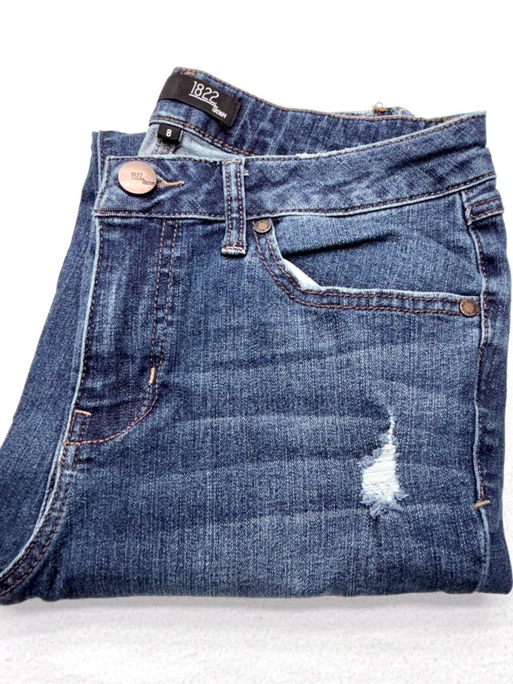 1822 Denim Straight Leg Jeans Women’s 8 Dark Wash Distressed 27” Ankle